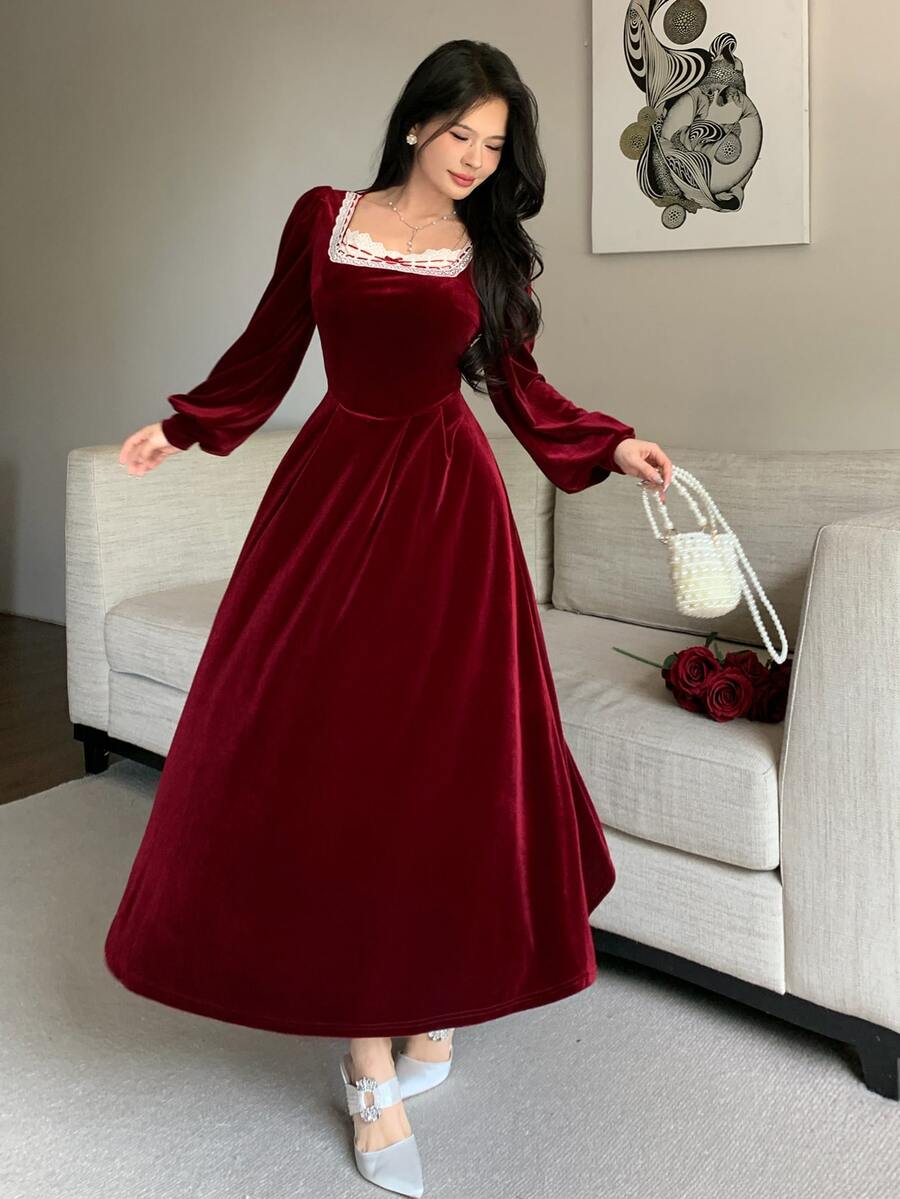 Feyla Women's Elegant Sweet Lace Patchwork Bowknot Strap Dress - Burgundy - View 1
