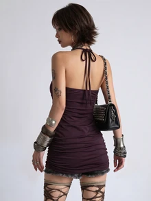 Bloopia Deep Purple Strapless Tube Top Dress, 2-In-1 Wear, Sexy Beaded Gold Accessory, Ruched Waist, Slim Fit, Nightclub Party Top For Women - Purple - View 2