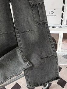 SHEIN 青少年男孩時尚休閒口袋設計黑色寬鬆工裝牛仔褲，青少年男孩服飾，電音派對穿搭 - 黑色 - 查看 6