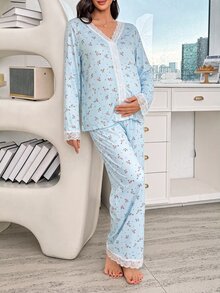 Moonlight&Mama Moonlight & Mama 浪漫碎花針織開襟衫與對比蕾絲長袖長褲孕婦睡衣套裝 - 藍色 - 查看 7