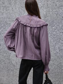 Nöista Olive Long Sleeve Top With Embroidered Ruffle Detail. Office Wear, Elegant Style. Aesthetic Chic - Brown - View 6