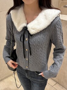 FRIFUL Women's Plush Patchwork Casual Versatile Daily Wear Cardigan - Grey - View 6