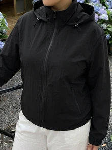 Dazy Plus Plus Size Women's Long Sleeve Zipper Stand Collar Hooded Outdoor Jacket - Black - View 5
