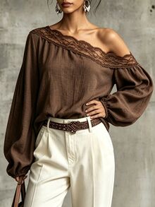 Glimmora Atasan Fashion Wanita dengan Bahu Asimetris dan Hiasan Renda. - Coklat - View 5