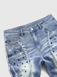 ROMWE MEN Street Life Men's Rivet Decor Frayed Hem Washed Distressed Fashion Personalized Jeans - Blue - View 2