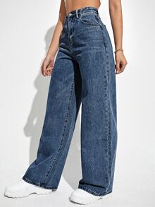 Women's Solid Color High Waist Fashion Casual Straight Leg Denim Jeans - Dark Wash - View 4