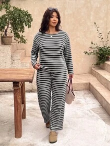 SHEIN Frenchy 大尺碼女款條紋長袖上衣與長褲休閒日常兩件套，適合秋季/冬季休閒日常外出與居家穿著 - 彩色 - 查看 5