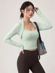 DAZY Solid Crop Sports Tee With Bolero Fall - Mint Green - View 4