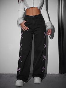 SHEIN PETITE 女款蝴蝶結圖案口袋寬腿寬鬆休閒牛仔褲 - 黑色 - 查看 4