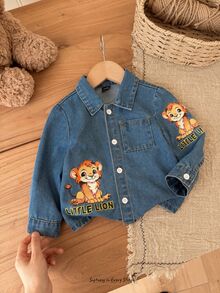 Cozy Pixies Baby Boys Denim Kids Cartoon Lion Pattern Blue Wide Cardigan Jacket Printed Denim Coat - Blue - View 3