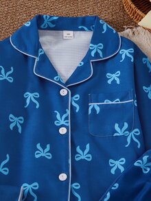 SHEIN 女童睡衣套裝，可愛櫻桃印花長褲與長袖休閒甜美兩件式居家服，蝴蝶結設計，粉色，秋冬款，柔軟舒適 - 藍色 - 查看 7