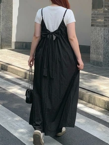 Dazy Plus Korean Style Layered Bowknot Back Strap Long Dress - Black - View 3