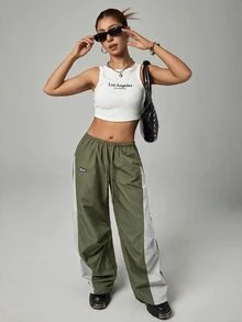 SHEIN PETITE 女款拼色休閒運動長褲，適合嬌小女性 - 軍綠色 - 查看 2