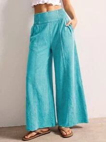 Bohemela Casual Solid Color Knit Loose Wide Leg Washed Women's Long Pants - Mint Blue - View 1