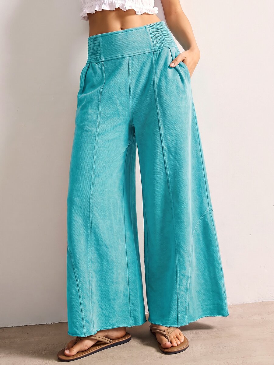 Bohemela Casual Solid Color Knit Loose Wide Leg Washed Women's Long Pants - Mint Blue - View 1