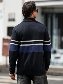Manfinity Mode Men's Casual Patchwork Striped Knit Half-Zip Pullover Sweater - Navy Blue - View 2