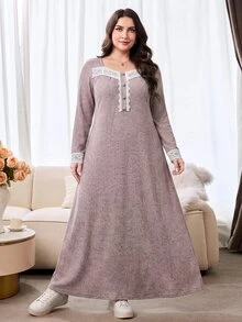 Al Najma Plus Size Women's Casual Sweetheart Neckline Long Sleeve Lace Patchwork Button Design Arabian Dress - Dusty Pink - View 3