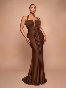 Glamrae Gaun Mermaid Tanpa Tali Leher V Dalam Seksi Elegan Romantis Ukuran Plus Warna Cokelat dengan Kain Rajut Elastis, Rumbai Berkerut, Hem Mermaid Pas Badan dengan Ekor, Cocok untuk Pernikahan, Pesta, Pesta Lajang, Liburan, Pesta Dansa, Gala Malam - Coklat - View 7