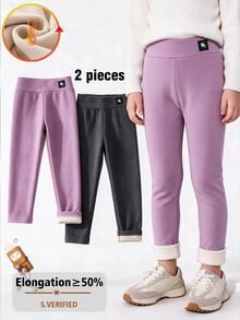 SHEIN 2件裝女童秋冬蝴蝶結刺繡圖案刷毛內搭褲，適合日常休閒穿著 - 彩色 - 查看 7