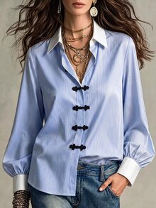 Linhara CURVE Elegant långärmad höstskjorta i vävd randig design, plus size - Blå - Visa 3
