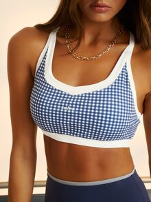Aralina Women's Piped Plaid Daily Fitness Sports Bra - Navy Blue - View 3