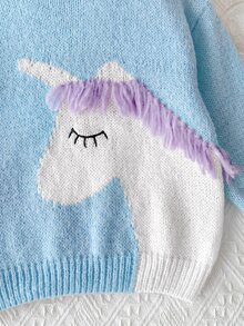 SHEIN Pattern, 3D Design, Cute & Fun, Winter Holiday School Clothes For Girls, Outdoor Party Autumn Pink Embroidered Lightweight Breathable Soft Relaxed Top - Blue - View 4