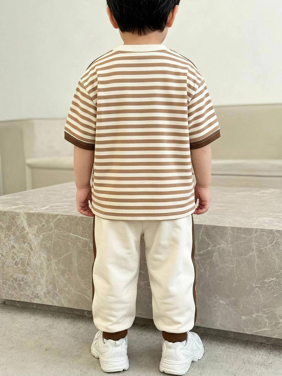 Young Boy Autumn New Kids Casual Minimalist Loose Comfortable Style Striped Print Crew Neck Short Sleeve Pullover & Long Pants 2 Pieces Knit Set - Multicolor - View 1