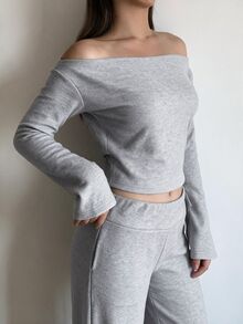 SHEIN BASICS Women's Sexy Shoulder Top And Solid Color Long Pants 2 Pieces Set - Grey - View 1