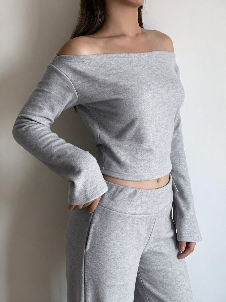 SHEIN BASICS Women's Sexy Shoulder Top And Solid Color Long Pants 2 Pieces Set - Grey - View 1