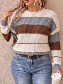 SHEIN LUNE CURVE Plus Size Women's Autumn/Winter Retro Colorblock Striped Round Neck Drop Shoulder Long Sleeve Loose Fit Slimming Pullover Sweater, Suitable For Daily Commute, Outing, Dating And Other Occasions - White - View 4