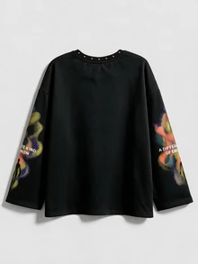 ROMWE Street Life Plus Size Women's Letter & Silhouette Print Casual Everyday Long Sleeve T-Shirt - Black - View 2