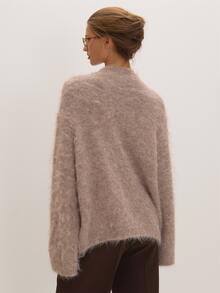 MUSEYN Stone Fluffy Knit Asymmetic Button Sweater Versatile Everyday Date Night Chic New Season Fall - Light Grey - View 4