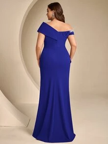 Coutiva Plus Size Women's Rhinestone Decorated Asymmetric Neckline Elegant Formal Evening Gown (Heavy Workmanship) - Royal Blue - View 2