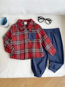 SHEIN 2件組嬰兒男童/女童套裝，秋冬拼色貼袋翻領長袖鈕扣格紋襯衫搭配鬆緊腰長褲，百搭舒適，適合聖誕節 - 彩色 - 查看 4