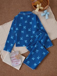 SHEIN 女童睡衣套裝，可愛櫻桃印花長褲與長袖休閒甜美兩件式居家服，蝴蝶結設計，粉色，秋冬款，柔軟舒適 - 藍色 - 查看 2