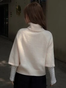 K-Vae Women's Cable Knit High Neck Raglan Sleeve Loose Fit Fashion Sweater - Apricot - View 2