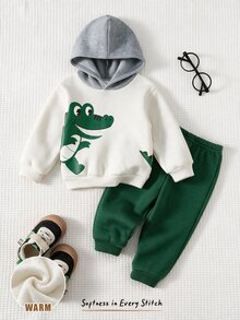 Cozy Pixies 男嬰字母圖案針織軟綿圓領長袖恐龍綠連帽衛衣＋彈性腰長褲 2件套 秋冬款 - 彩色 - 查看 3