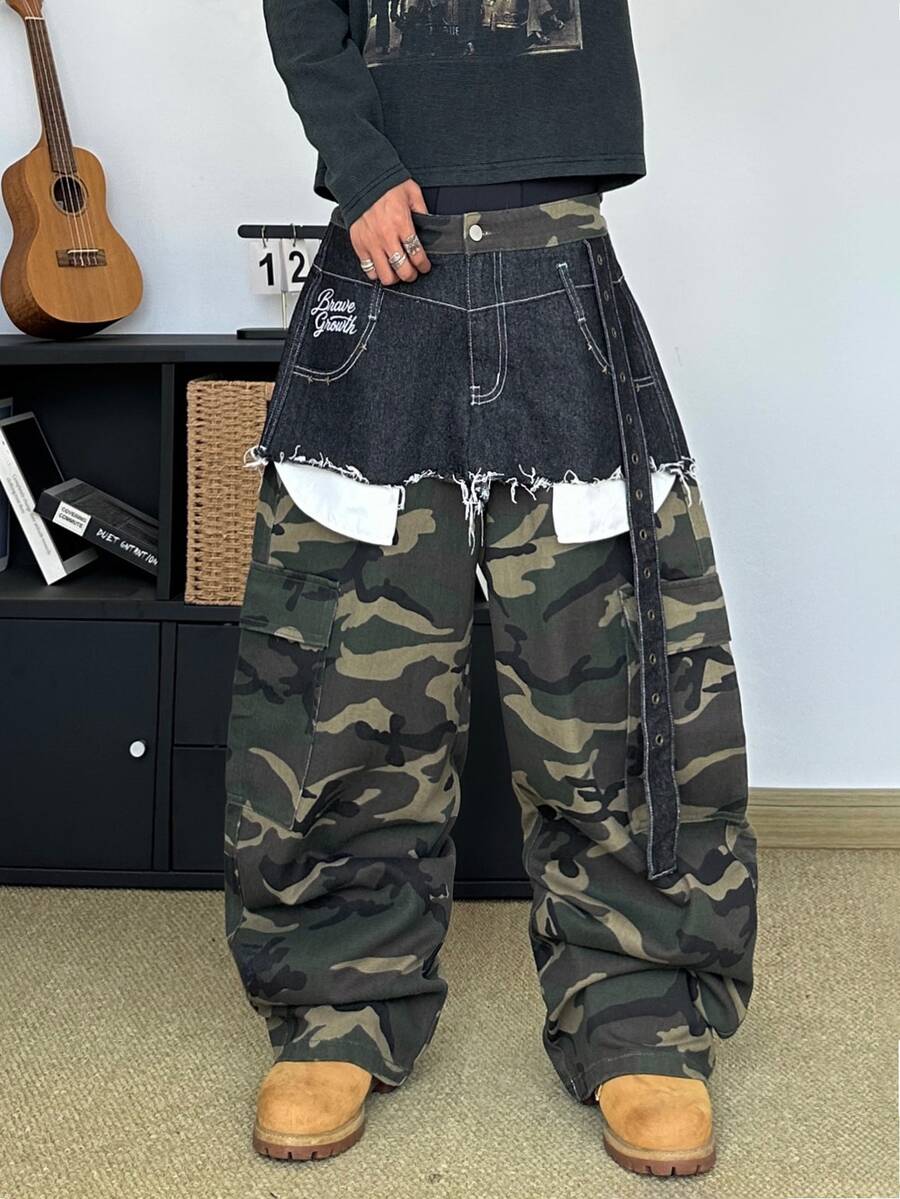 STEELVANCE 街頭風復古時尚百搭拼接刺繡星星串珠鏤空設計寬鬆直筒寬腿休閒牛仔褲(不含腰帶與配件) - 軍綠色 - 查看 1