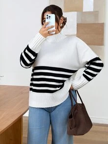 Lounesse Plus Size Women's Stand Collar Colorblock Horizontal Striped Casual Loose Versatile Pullover Sweater Winter - Multicolor - View 6