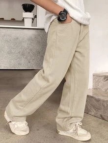 SHEIN 青少年男孩時尚休閒 Y2K 復古酷藍色牛仔褲 寬鬆舒適直筒牛仔褲 童裝 - 卡其色 - 查看 5