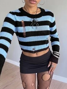 SHEIN EZwear 條紋復古風喇叭袖針織衫 秋冬款 - 彩色 - 查看 10