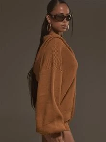 MUSERA كارديجان محبوك أصفر خردلي فضفاض كبير الحجم بأكمام طويلة، إطلالة أنيقة للخريف والشتاء - لون برتقالي - مشاهدة 3