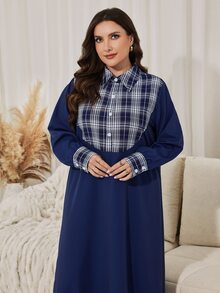 Lacomfia Plus Size Plaid Patchwork Button Half-Placket Dress - Blue - View 1