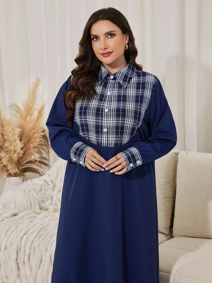 Lacomfia Plus Size Plaid Patchwork Button Half-Placket Dress - Blue - View 1