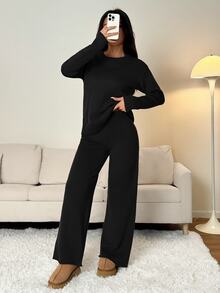 SHEIN PETITE 女款純色圓領長袖毛衣與長褲休閒正裝套裝，秋冬款 - 黑色 - 查看 10