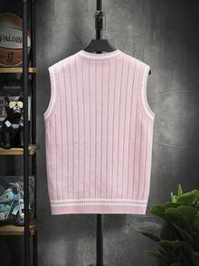 Manfinity Homme Men's V-Neck Sleeveless Knitted Striped Vest - Pink - View 2