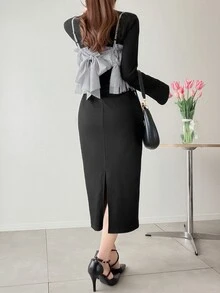 FRIFUL 女款純色長袖上衣、裙子與細肩帶背心時尚套裝 - 黑色 - 查看 2