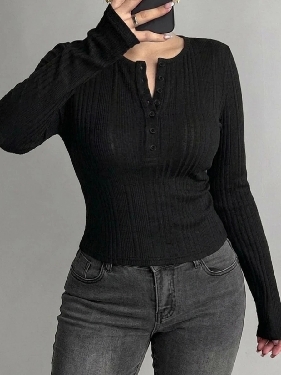 Dazy Plus Half-Button Long Sleeve Fitted Bodycon T-Shirt - Black - View 1