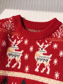 Young Boy Cartoon Deer Pattern Knit Soft Crew Neck Long Sleeve Pullover Sweater - Multicolor - View 8