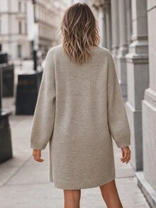 Elafinee Women's Round Neck Dropped Shoulder 3/4 Sleeve Ribbed Hem Loose Mid-Length Minimalist Slouchy Pullover Sweater - Khaki - View 2